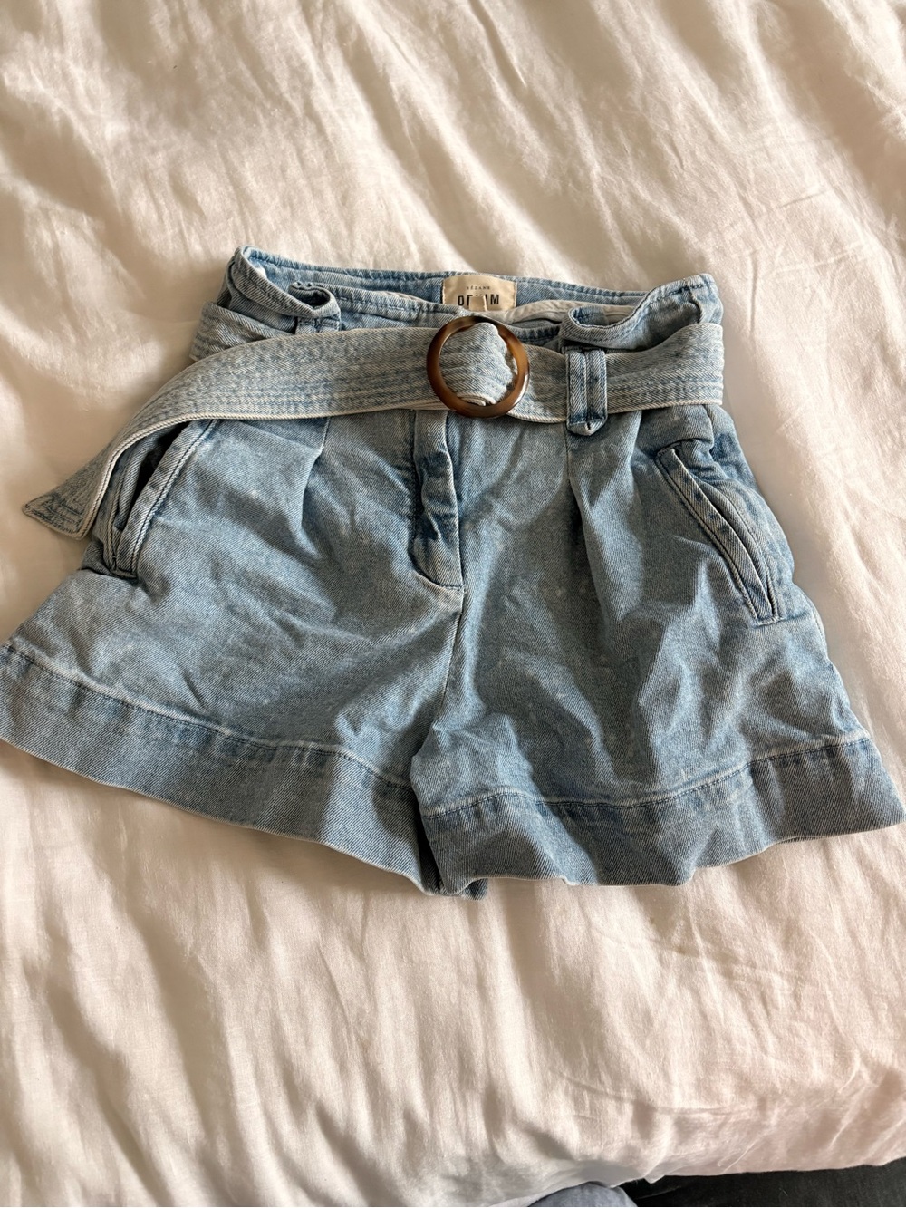 Sezane new Rome shorts in snow blueDenim Paperbag Shorts with Belt - Women